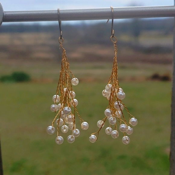 Pearl Cluster Dangle Earrings with Gold Accents - Picture 2 of 4